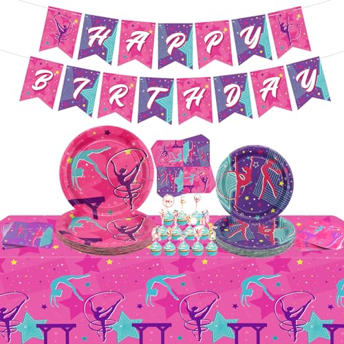 Gymnastics Birthday Party Decorations - Gymnastics Theme Party Supplies for Your Little Dance Gymnasts with Gymnastics Banner, Tablecloth, Plates, Napkins, Tableware, Serves 20