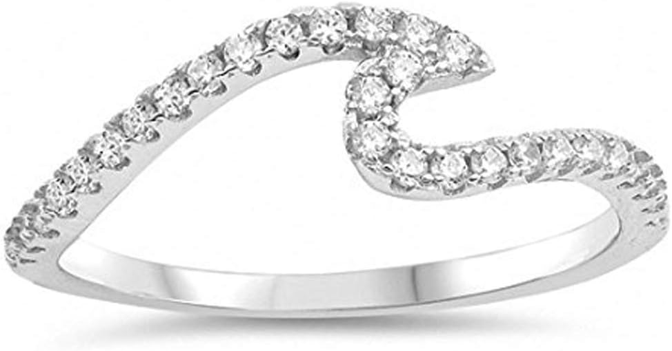 Blue Apple Co. Small Wave Ring Round Simulated Cubic Zirconia 925 Sterling Silver