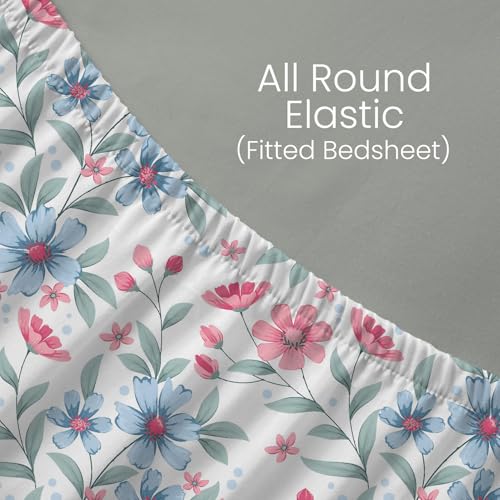 Image of Layers 100% Cotton Fitted Sheet for King Size Bed | Lumina Floret Collection | 144 TC Soft & Breathable | Floral Print with 2 Pillow Covers | Wrinkle Free & Colorfast | 3 Pc Bedding Set - Blue