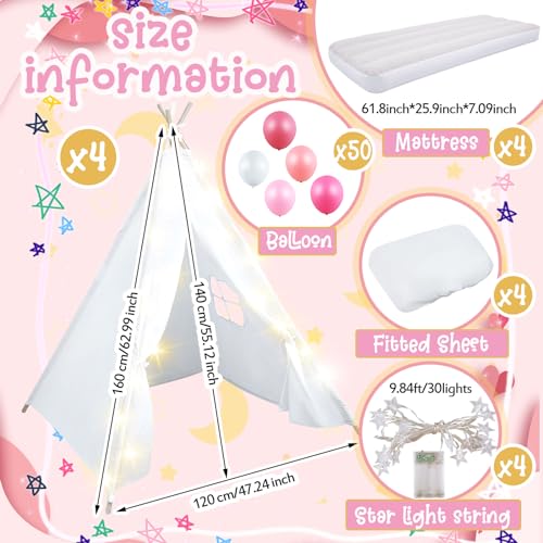 Lemosae 4 Pack Teepee Tent for Kids Slumber Party with Mattress,Fitted Sheet,Light String,Natural Cotton Washable Sleepover Tents for Girls Party Birthday Slumber Movie Night Supplies(White) by Lemosae - Image 2