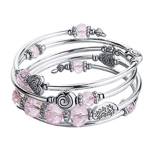 Bead Crystal Wrap Bangle Bracelet - Fashion Jewelry Pearl Bracelet with Silver Metal, Gifts for Women (Pink)