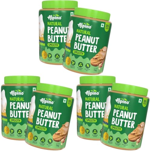 Image of Alpino Natural Peanut Butter Smooth 2 KG | Unsweetened | Made with 100% Roasted Peanuts | 30% Protein | No Added Sugar | No Added Salt | No Hydrogenated Oils | Non GMO | Gluten Free | Vegan | 1 KG Pack of 6