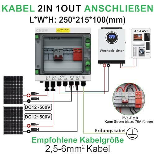 CNLonQcom Überspannungsschutz PV Solar Anschlusskasten 2 String DC 500V 32A Trennschalter Blitzschutz Mit 15A Sicherung IP65 2 In 1 Out Für PV Anlage Komplettset