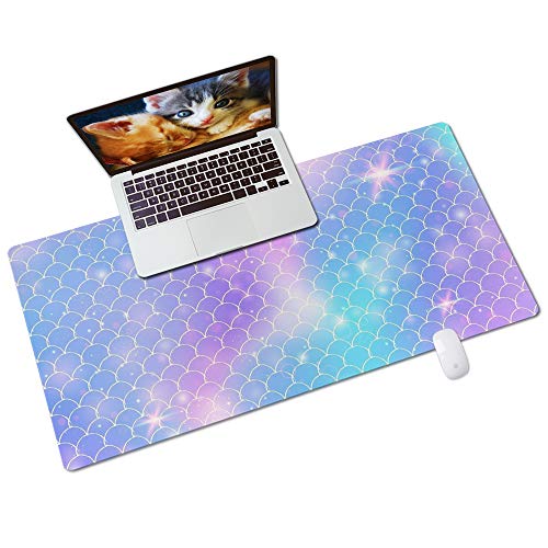QIYI Multifunctional Office Desk Pad, Water-Resistant PU Leather Mouse Pad, Home DÃ©cor Large Desk Organizer Mat, Non Slip Base Writing Pads for Home & Office 31.5" x 15.7" - Mermaid Scales