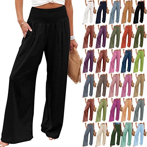 Maternity Pants for Women Cotton Linen Flowy Lounge Work Pant Summer Boho High Waisted Wide Leg Pant Beach Holiday,Ladies Hippie Trouser Dressy Loose Lightweight Plus Size Pant(A-Black,Medium)