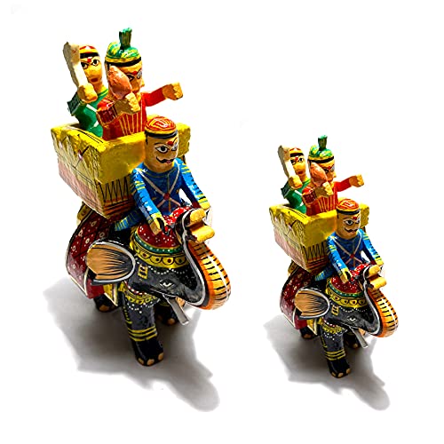 MAHANT JI Lacquer Wooden Elephant Showpiece Set Or Lakdi Ka Maharaja Rajdhani Haathi Set for Home Decor Collectible Idol from Varanasi Karigar Or Artisian (Big Size 13 x 18 Cm Small Size 10 x 13 Cm)