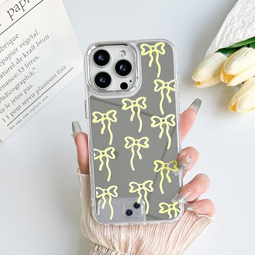 Lovmooful Compatible for iPhone 15 Pro Max Mirror Case Aesthetic Cute Ribbon Bowknot Design for Girls Women Makeup Mirror Case Hard Shell + TPU Shockproof Protective Girly for iPhone 15 Pro Max-Yellow by Lovmooful - Image 2