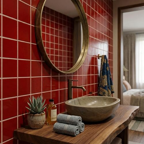 DYARI 4x4 Inch Solid Color Ceramic Wall Tiles – High Gloss Finish Square Tiles for Kitchen Backsplash, Bathroom & Shower – Vibrant Colors (Imperial Red, 9 Tiles (1 Sq Ft))