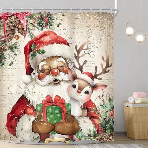 Image of Christmas Santa Claus Merry Xmas Black Bathroom Shower Curtain Set