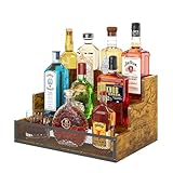 3 Step Countertop Liquor Bottle Display Shelf, Wood Bar Shelves 12 Bottles with Fences, Freestanding Storage Shelves for Liquor Whiskey Wine Coffee Syrup Display, Retro Wine Rack Home (Patent Pending)