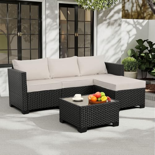 Outdoor Furniture Set 3 Pieces Wicker Patio Furniture Outdoor Sectional Patio Couch Outdoor Coffee Table with Storage All-weather Non-slip Cushions Waterproof Covers, Khaki - Image 2
