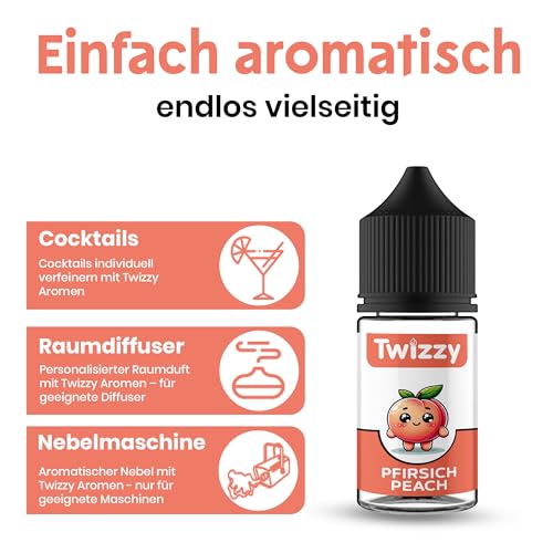 Twizzy Pfirsich Lebensmittelaroma -30ml- Intensives Aroma – Ideal zum Backen, in Lebensmitteln & Getränken, auch für Vernebler, Nebelmaschinen, uvm.