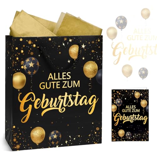 Geschenktüten Geburtstag Schwarz Gold, Geschenktüte mit Geburtstagskarte für Frau Mann Junge Mädchen, Geschenkverpackung Papiertüten mit Henkel und Seidenpapier - Alles Gute zum Geburtstag