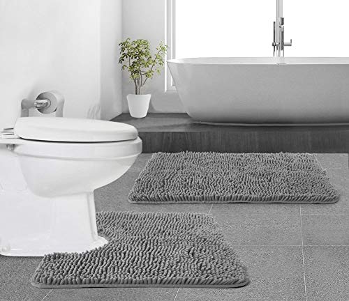 Gorilla Grip Original Shaggy Chenille Bathroom 2 Piece Rug Set Includes Mat Contoured for Toilet and 30 x 20 Carpet, Machine Wash/Dry, Perfect Plush Mats for Tub, Shower, and Bath Room (Gray)