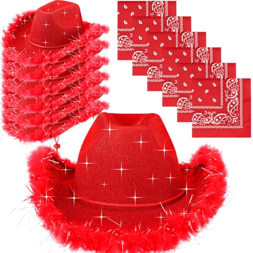 Image of Coume 12 Pcs Sparkly Adults Cowboy Hat and Bandanas Women Men Western Glitter Cowgirl Party Hats with Adjustable Drawstring