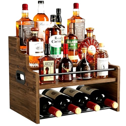 FZGhome 4-Tier Wood Display Shelf Wine Rack for 16 Bottles Wood Coffee Syrup Organizer with Handles Home Whiskey Shelf Retro Mini Liquor Cabinet Spice Rack Coffee Bar Shelves, Walnut