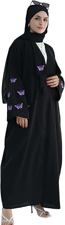 Womens Muslim Cardigan Abaya Long Sleeve Embroidered Butterfly Ethnic Robe Dubai Middle Eastern Arabia Eid Clothes
