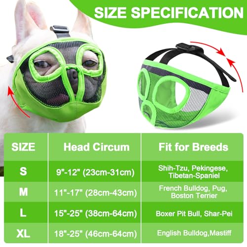 Image of Short Snout Dog Muzzles- Adjustable Breathable Mesh Bulldog Muzzle for Biting Chewing Training Grooming Dog Mask,Green L