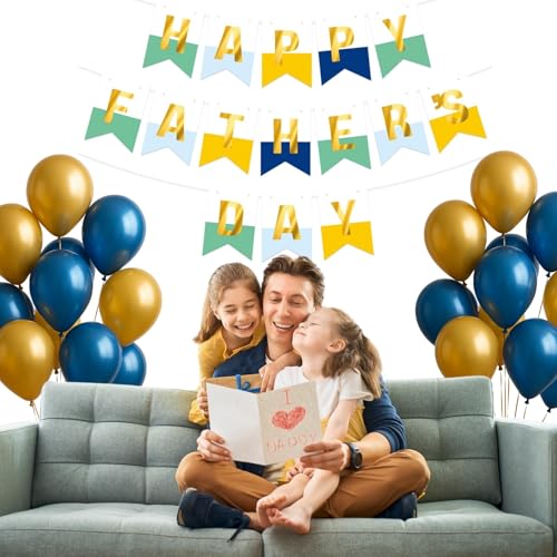 Image of Happy Father's Day Glitter Black Beer Bunting Banner for Dad Father's Party Decorations Backdrop Garland for Father's Day (White Blue Yellow Double)