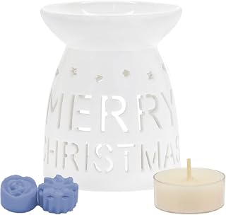 White Merry Christmas Cutout Ceramic Oil Burner Wax Melter Starter Gift Set with Two Assorted Highly Scented Soy Wax Melts and One Unscented Soy Wax Tealight Candle