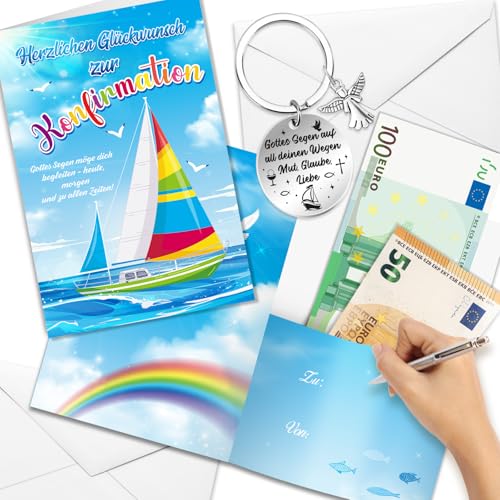 DPKOW Konfirmation Geschenk für Jungen Mädchen, Karte Geldgeschenk Konfirmation Schlüsselanhänger Geschenkidee, Konfirmation Karte mit Umschläg Kleine Geschenk zur Konfirmation