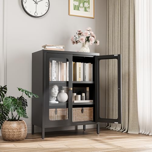 Image of Small Display Cabinet with Glass Doors, 12 inch Deep Small Curio Showcase with Two Glass Doors, 23.6 inch Wide Metal Floor Storage Cabinet for Collectibles Books China for Entryway, Home Office, Living Room
