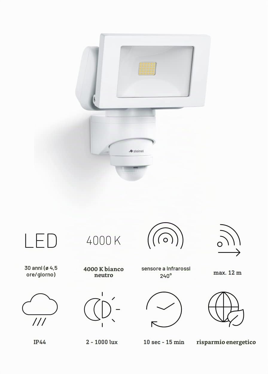 Steinel Faretto da esterno a LED LS 150, bianco, sensore di movimento 240°, portata max. 12 m, 14,7 W, inclinabile, 1375 lumen, 4000 K [classe energetica E]