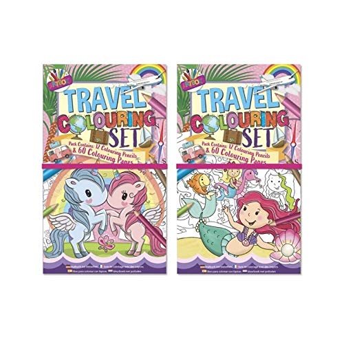 Girls Travel Colouring Set Mermaid/Unicorn, 60 Pages + 12 Pencils X1 Set for Girls x 1 Random Design Only