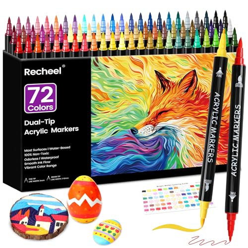 Recheel Marcadores de tinta acrílica de 72 cores, ponta dupla com ponta fina e canetas de pincel par