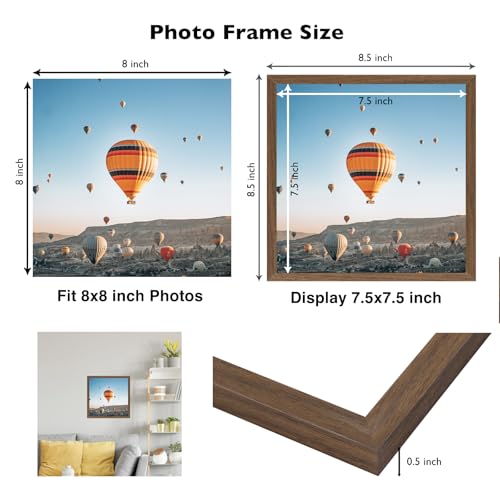 Image of JCJMY 8x8 Picture Frame Brown for Wall Hanging or Tabletop, Wall Mounting Horizontally or Vertically, 8 x 8 Square Wall Gallery Poster Photo Frame with Shatter Resistant Plexiglass, Brown
