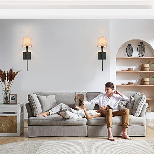 Ihengyanlt 2 Pack Industrial Wall Sconces With Grey Fabric Shades, Vintage Farmhouse Black Column Stand Wall Lamp, E26 Wall Lights For Bedroom Living Room Corridor Bathroom Hotel Bar #TOP2