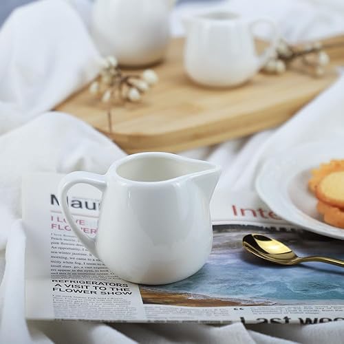 Miniatura 4 de Sizikato Mini crema clásica de cerámica blanca pura con asa, jarra de crema de leche de café pequeño, 2 uds. 3.4 oz