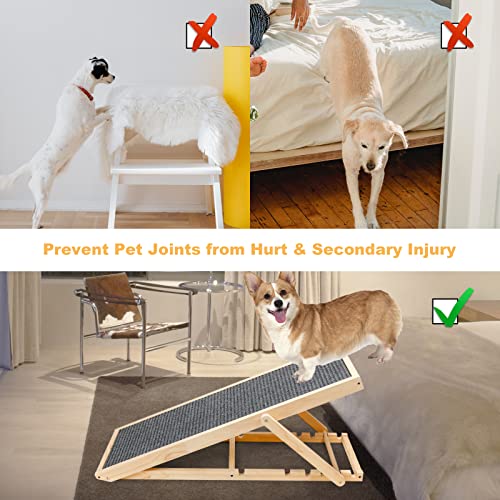 Adjustable Dog Cats Ramp, Folding Portable Wooden Pet Ramp For All Small And Older Animals - 42" Long And Adjustable From 14” To 26” - Rated For 120Lbs - Lightweight Dog Car Ramps For Suv, Bed, Couch #TOP3