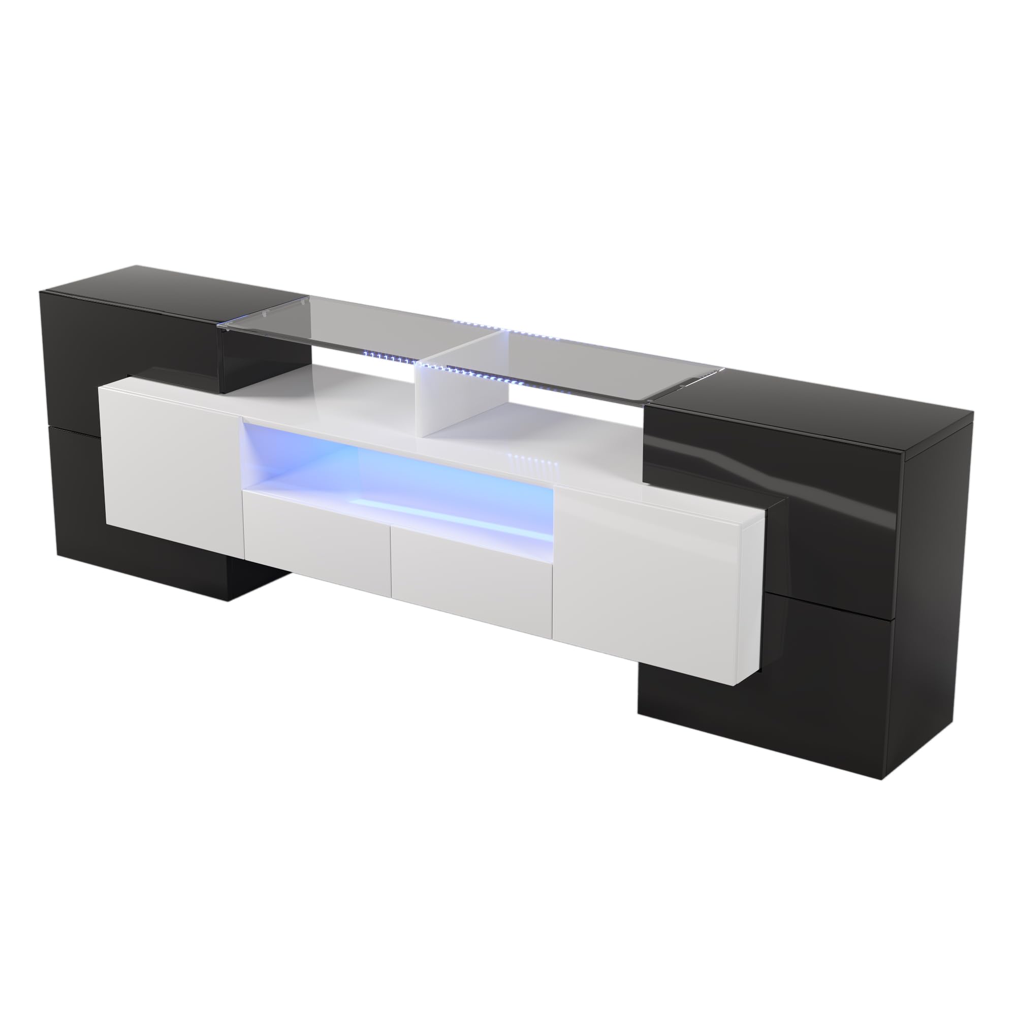 Mobile TV 200 cm, elegante mobile TV Lowboard, lucido con illuminazione a LED, mobili da soggiorno, design moderno, elegante superficie in vetro (nero, 200 cm)
