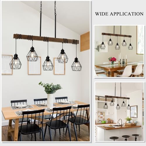 5-Light Kitchen Island Lighting Hanging for Farmhouse Linear Chandeliers,Dining Room Light Fixture/Chandelier Over Table,Matte Black Rustic Wood Ceiling Pendant Light Fixtures with Metal lampshade