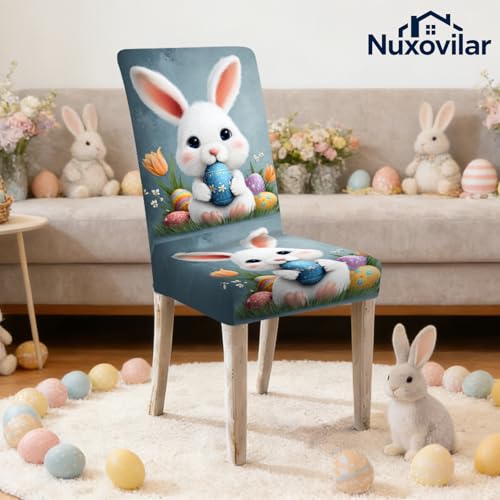 Image of Nuxovilar 6PCS Cute Bunny Pattern Milk Silk Dining Chair Covers | Stretch Slipcover Furniture Protector Bunny Wrap Seat Guard Dining Room Family Gathering Kitchen (Bunny Pattern)