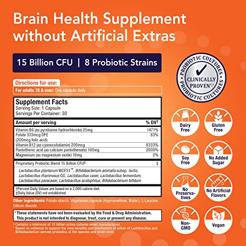 Bio360 Probiotics, Cognitive Support Formula, Brain Health & Mental Energy With 8 Strains 15 Billion Cfu, Vitamin Boost For Women & Men, Stable Blister Pack, 30 Vegan Supplements #TOP1