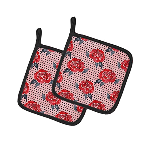 Caroline's Treasures BB7513PTHD Watercolor Red Roses and Polkadots Pair of Pot Holders Kitchen Heat Resistant Pot Holders Sets Oven Hot Pads for Cooking Baking BBQ, 7 1/2 x 7 1/2