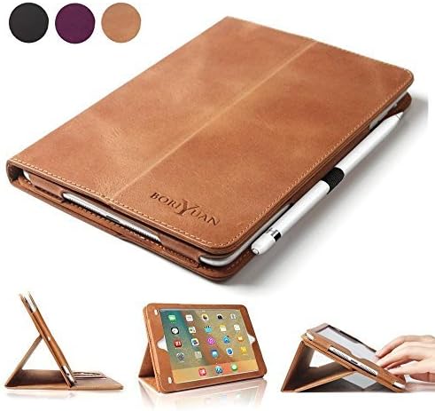 BoriYuan iPad Pro 9.7 Case, Vintage Genuine Leather Smart Cover Protective Slim Folio Flip Stand for Apple iPad Pro 9.7 Inch with Card Slot Magnetic Sleep/Wake+Stylus+Screen Protector, Brown