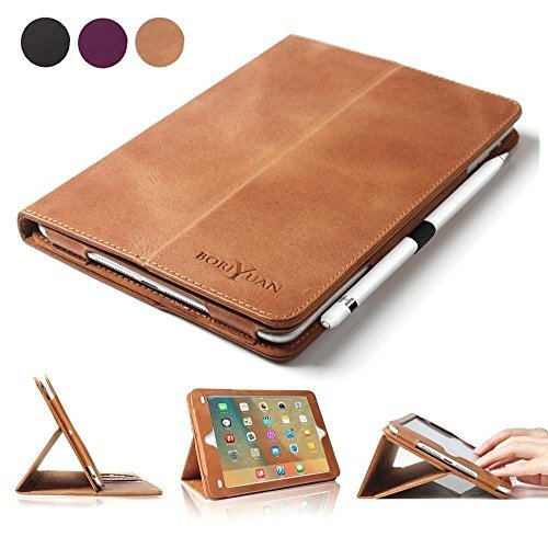 BoriYuan iPad Pro 9.7 Case, Vintage Genuine Leather Smart Cover Protective Slim Folio Flip Stand for Apple iPad Pro 9.7 Inch with Card Slot Magnetic Sleep/Wake+Stylus+Screen Protector, Brown
