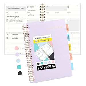 SUNEE Meeting Notebook for Work with Action Items – 160 Pages, A4 Size Project Planner, Spiral Meeting Agenda/Minutes Notebook Organizer for Women Men, Note Taking, Office & Business, 8.5″x11″, Purple
