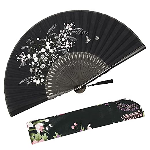 Zolee Folding Hand Fan for Women - Foldable Chinese Japanese Vintage Bamboo Linen Fabric Fan - for Hot Flash, Dance, Performance, Decoration, Party, Gift (Black Thatch Flowers)