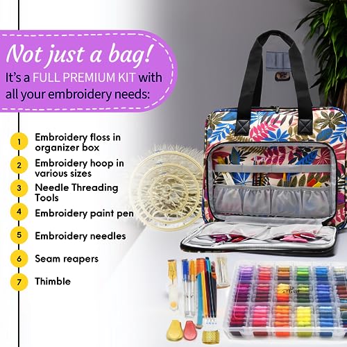 Image of ATTERET Full Range Embroidery and Cross Stitch Starter Kit with Premium Storage Organizer Bag, Includes 99 DMC Coded Cotton Threads, 9 Metallic Floss, 3 Hoops, Needles, Scissors + More (Floral)