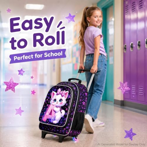 Image of CCJPX 18 inch Cat Rolling Backpack for Girls, 3Pcs Kids Glow Wheels Bookbag with Lunch Box, Lightweight Roller School Bag for Elementary Preschool (Black)