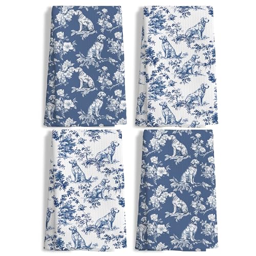 Nipil Chinoiserie Golden Retriever Kitchen Towels Set of 4,Blue and White Golden Retriever Floral Decorative Dish Tea Towels,Grandmillennial Botanical Dog Hand Towels for Kitchen Bathroom, 16x24 Inch