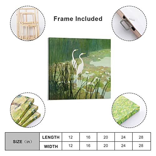 Heron In The Reeds Painting Beautiful Bird Wall Art Summer Great Egret Wall Art Canvas Painting Posters And Prints Wall Art Pictures For Living Room Bedroom Decor 28X28Inch(70X70Cm) Frame-Style #TOP1