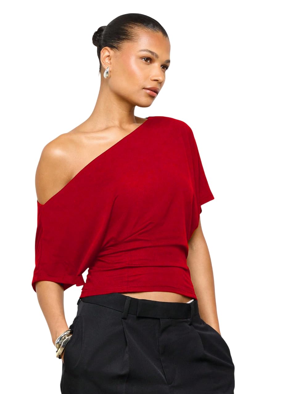 kateclo Women’s One-Shoulder Asymmetrical Crop Top | Elegant Draped Short Sleeve Blouse-picture-47