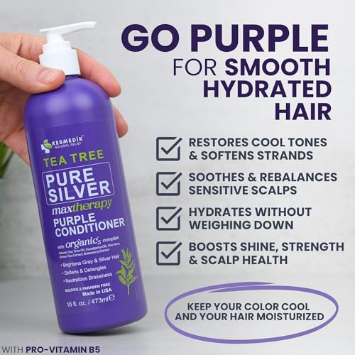 Image of KESMEDIK Tea Tree Purple Conditioner for Blonde, Silver & Gray Hair, Anti-Brass Toning & Brightening, Refreshes, Hydrates and Detangles Hair & Scalp, Sulfate-Free Botanical Formula, 16 Fl Oz