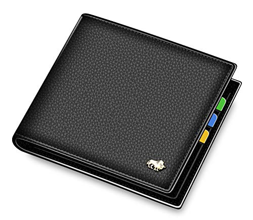 BISON DENIM Men s Slim Bifold Wallet Leather Front Pocket Wallet RFID Blocking Billfold with 5 Credit Card Slots and Zipper Coin Pocket (Black)