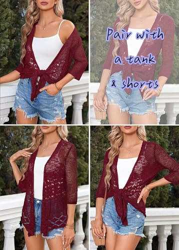 Image of Nulibenna Womens Sheer Shrug Sweaters 3 /4 Sleeve Open Front Tie Cardigan Bolero Jacket Lightweight Crochet Knit Cover Up Tops